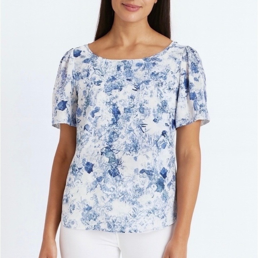 Alex Marie Top Puff Sleeve Blue Watercolor Floral Print Blouse Small